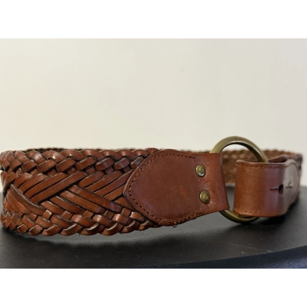 Fossil Brown Braided Leather Belt Brass Ring Buckle Size L Genuine Leather